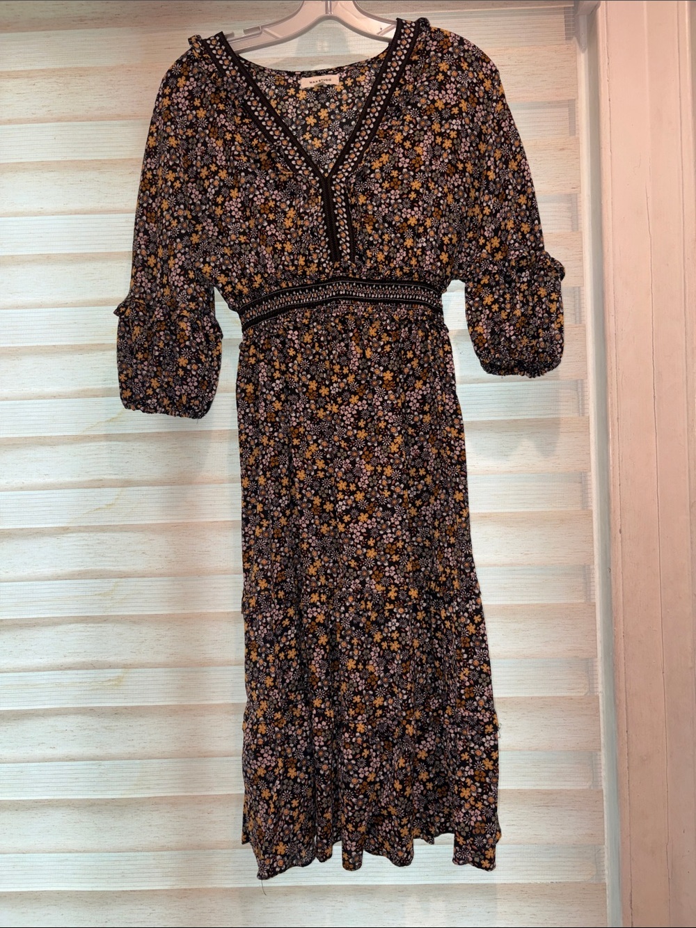 Max Studio Black Floral Midi Dress with Yellow and Lavender Blossoms
